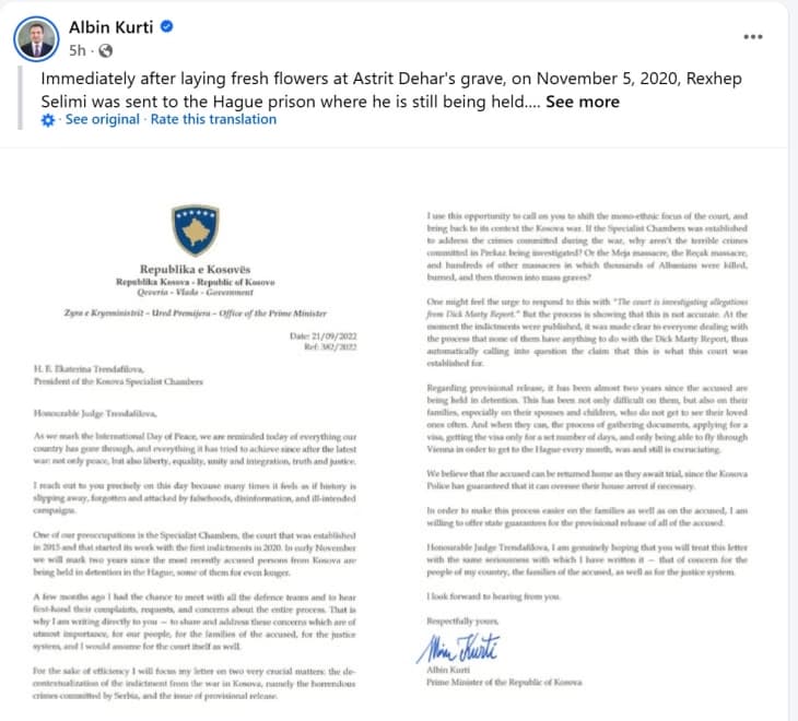 Курти тврди дека нема правни причини поранешните водачи на ОВК да останат во притвор во Хаг