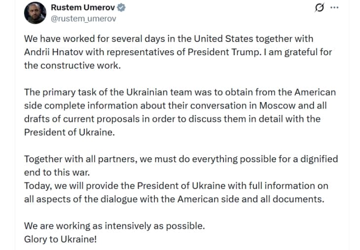 Умеров соопшти дека Зеленски денеска ќе ги добие сите документи за мировниот план