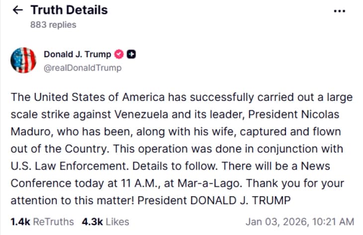 Трамп објави дека Мадуро бил заробен и однесен од Венецуела