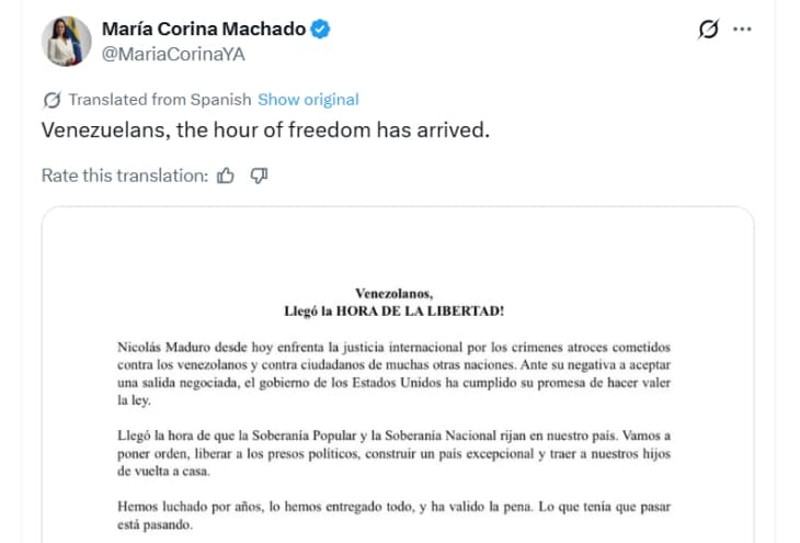 Мачадо ја поздрави интервенцијата на САД во Венецуела