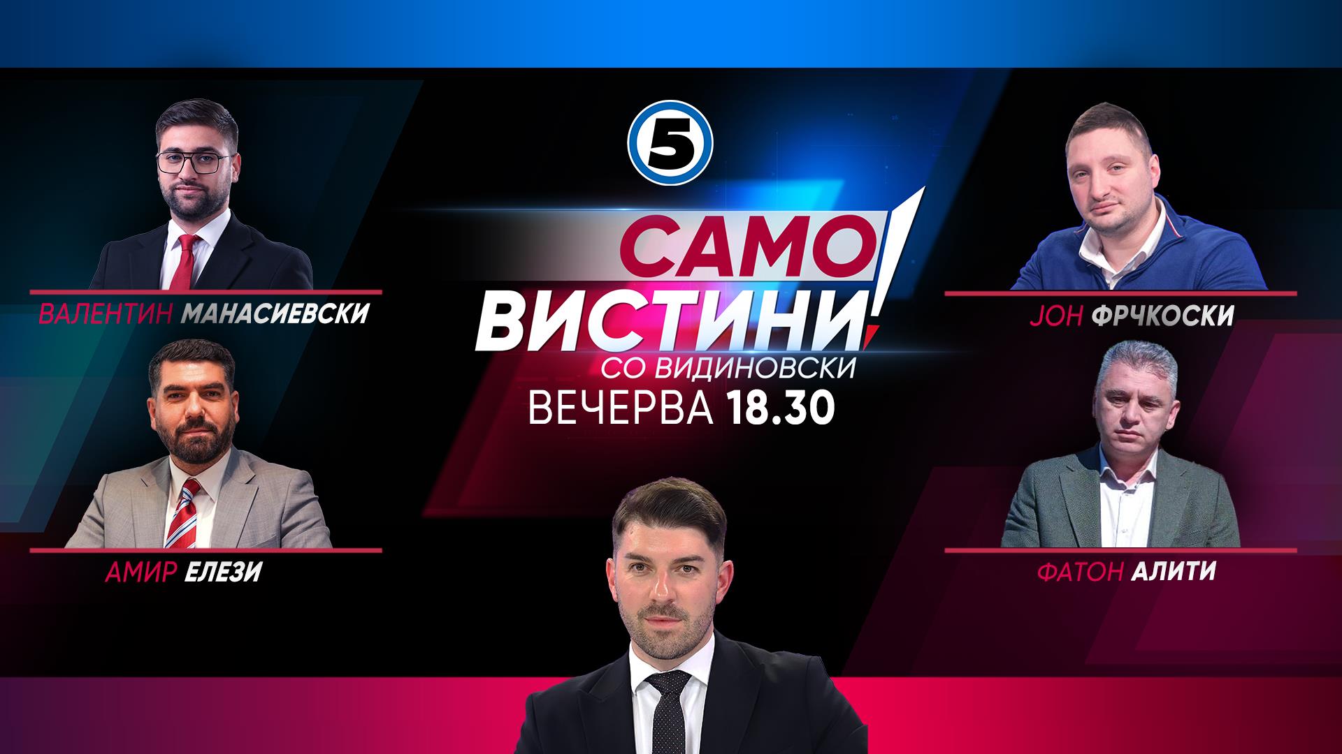 Валентин Манасиевски, Амир Елези, Јон Фрчкоски и Фатон Алити во „Само вистини со Видиновски“