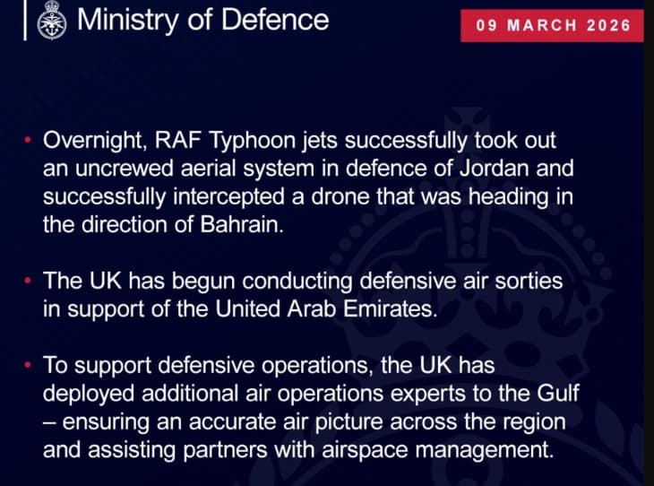 Британски авиони собориле дронови насочени кон Јордан и Бахреин