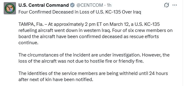 ЦЕНТКОМ: Четири члена на екипажот загинаа во пад на американскиот авион KC-135 во Ирак