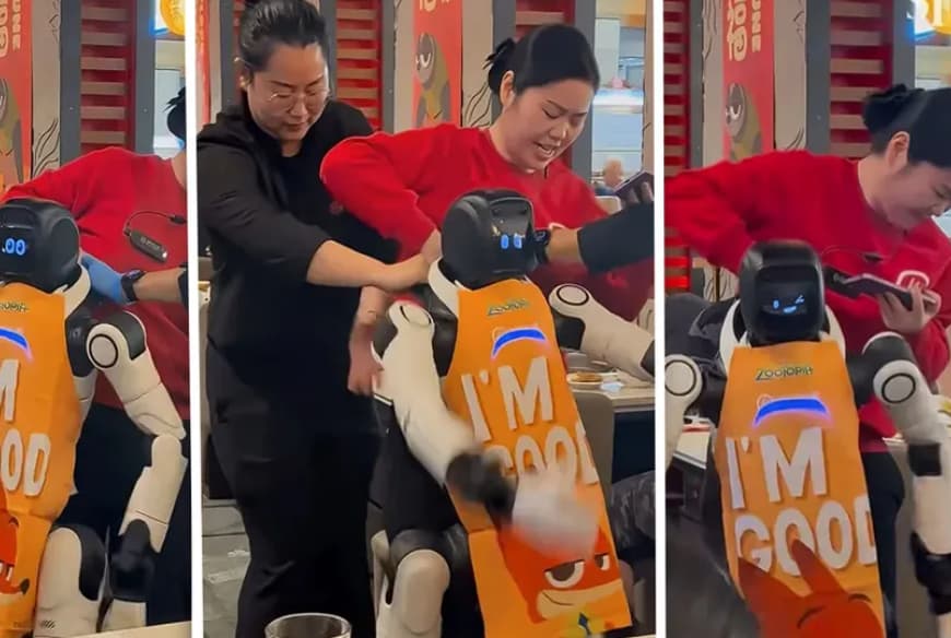 Хуманоиден робот„полуде“ среде ресторан, тројца вработени не можат да го совладаат (ВИДЕО)