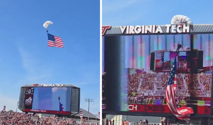 Падобранец со американско знаме се удри во огромен семафор на стадион (ВИДЕО)
