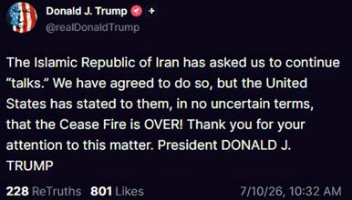 Трамп: Иран побара продолжување на преговорите и се согласивме, но примирјето заврши 