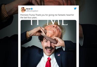 Борат се приклучи на Твитер и веднаш почна да го исмева Трамп 