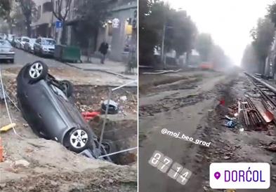 Фото: Во Белград автомобил падна во дупка и се преврте