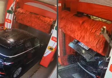 Автоматски багажник се отвори на скап џип во автоматска пералница, штетата е голома (ВИДЕО)