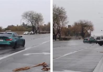 Возач на БМВ не знае да вози по дождливо време, има среќа што остана жив (ВИДЕО)