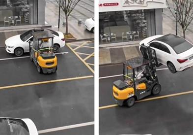 Со виљушкар отстраниле непрописно паркиран луксузен Мерцедес (ВИДЕО)