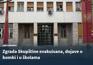 Црна Гора: Парламентот евакуиран, дојави за бомби во неколку училишта