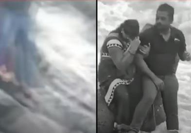 Ужас на плажа: Жена се фотографира со сопругот, кога ја однесе бран (Вознемирувачко видео)