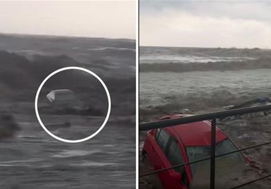 Надојдените води во Грција носат автомобили од градскиот паркинг директно во морето (ВИДЕО)