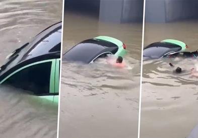 Драма во Кина: Автомобил пропаѓа во вода, маж спасува жена во последен момент (ВИДЕО)