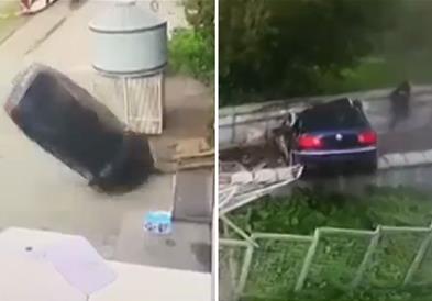 Пешаци имаат неверојатна среќа- автомобил прелета над нив како во видео игра (ВИДЕО)