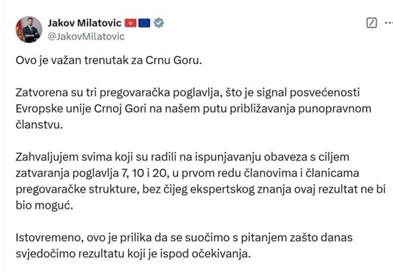 Милатовиќ: Три затворени поглавја e важен момент за Црна Гора