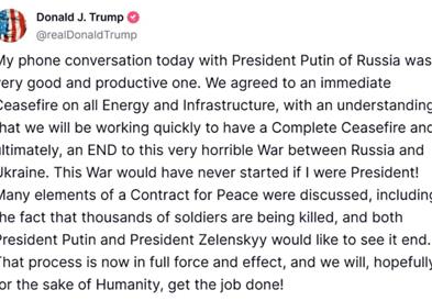 Трамп: Договорен прекин на огнот за енергетските и инфраструктурните објекти со Путин