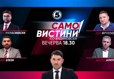 Валентин Манасиевски, Амир Елези, Јон Фрчкоски и Фатон Алити во „Само вистини со Видиновски“