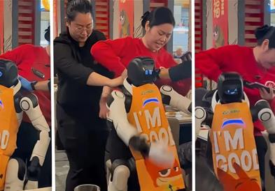 Хуманоиден робот„полуде“ среде ресторан, тројца вработени не можат да го совладаат (ВИДЕО)