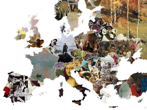 Карта на Европа од најпознатите уметнички дела, Македонија е претставена со сцена од псалтир 