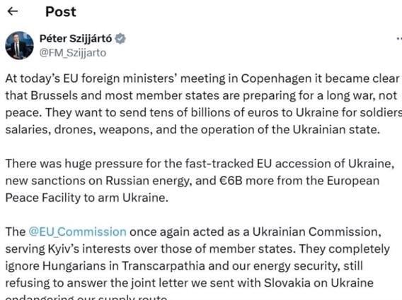 Сијарто на Х по средбата во Копенхаген: Повеќето земји на ЕУ се подготуваат за долга војна, а не за мир
