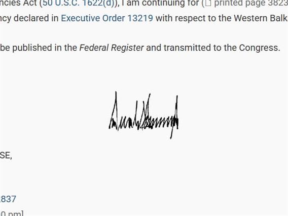 Трамп потпиша продолжување на националната вонредна состојба за Западен Балкан