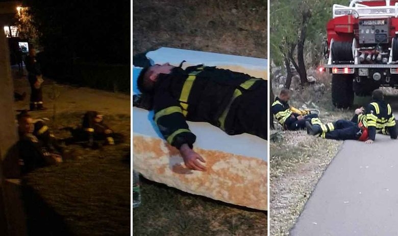 Пожарникарите паднаа на асфалтот од умор по гаснењето на големиот пожар кај Шибеник (ВИДЕО)