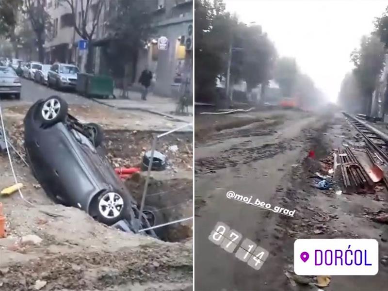 Фото: Во Белград автомобил падна во дупка и се преврте