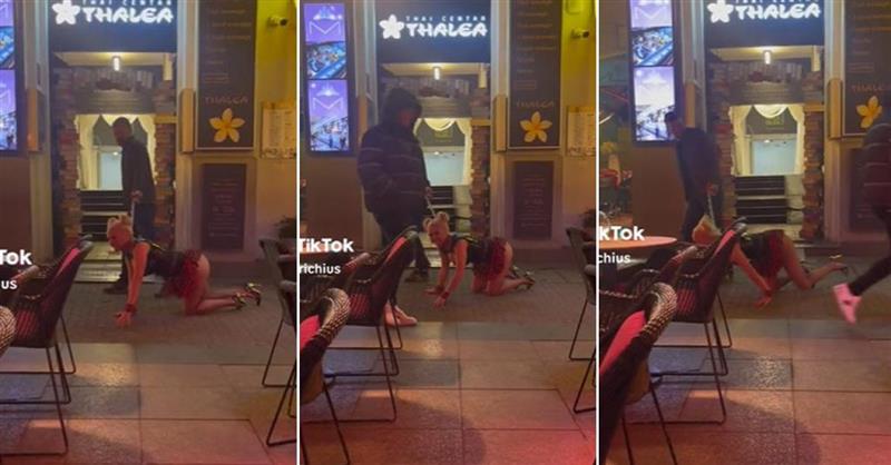 Бизарна глетка на улица во Загреб: Маж води девојка на поводник, таа лае (ВИДЕО)