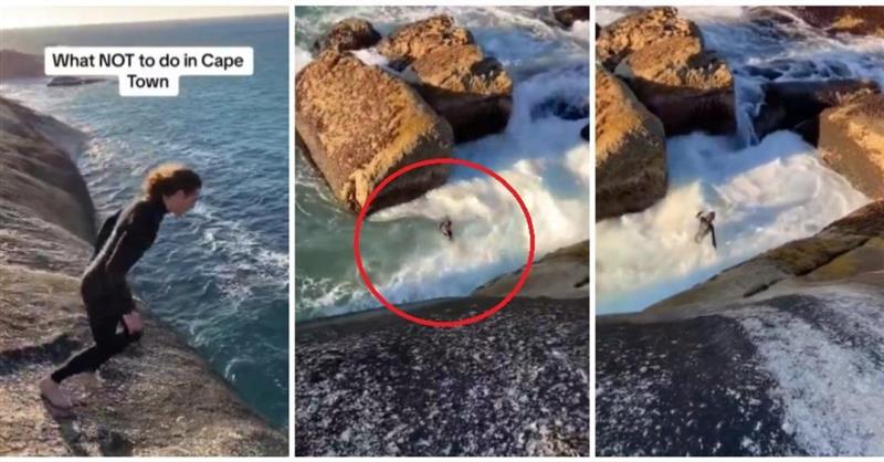Две минути ужас: Момче скока од опасна карпа во разбранувано море, снимката е хит (ВИДЕО)