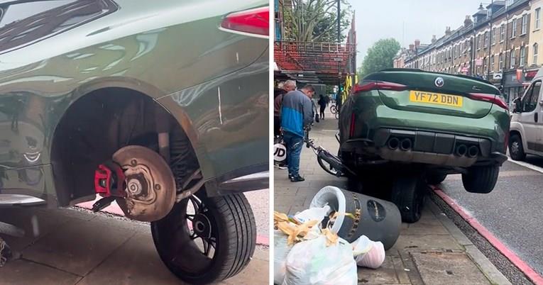 Луксузно БМВ се заби во паркиран велосипед- не помина добро (ВИДЕО)