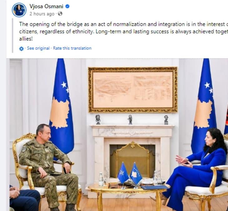Османи разговараше со командантот на КФОР: Отворањето на мостот е во интерес на сите граѓани