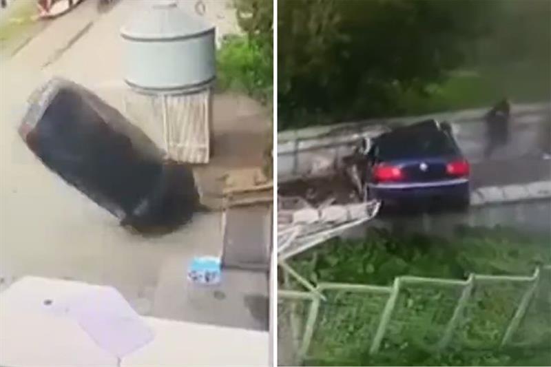 Пешаци имаат неверојатна среќа- автомобил прелета над нив како во видео игра (ВИДЕО)