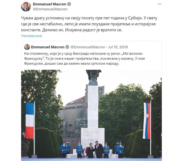 Макрон за посетата на Србија: Убаво е да се има сигурни пријатели и историски константи