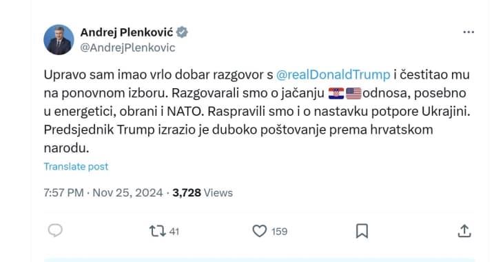 Пленковиќ: Само што имав многу добар разговор со Трамп
