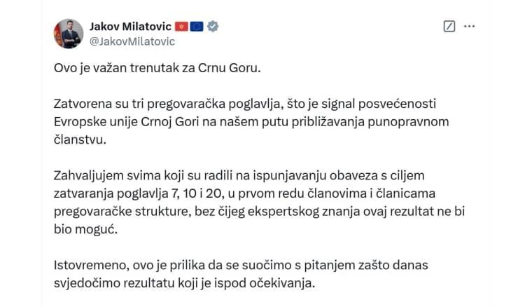 Милатовиќ: Три затворени поглавја e важен момент за Црна Гора