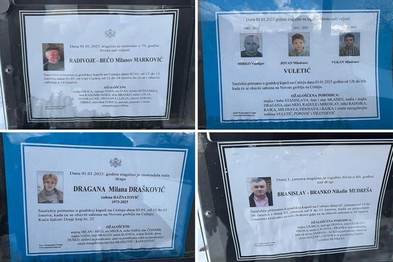 Цетиње е облепено со некролози за 12- те жртви на пијаниот Мартиновиќ, меѓу нив и за братчињата