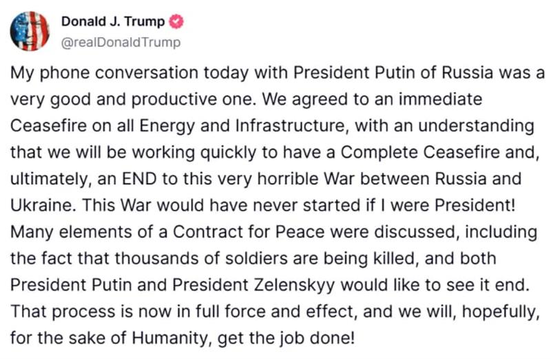 Трамп: Договорен прекин на огнот за енергетските и инфраструктурните објекти со Путин