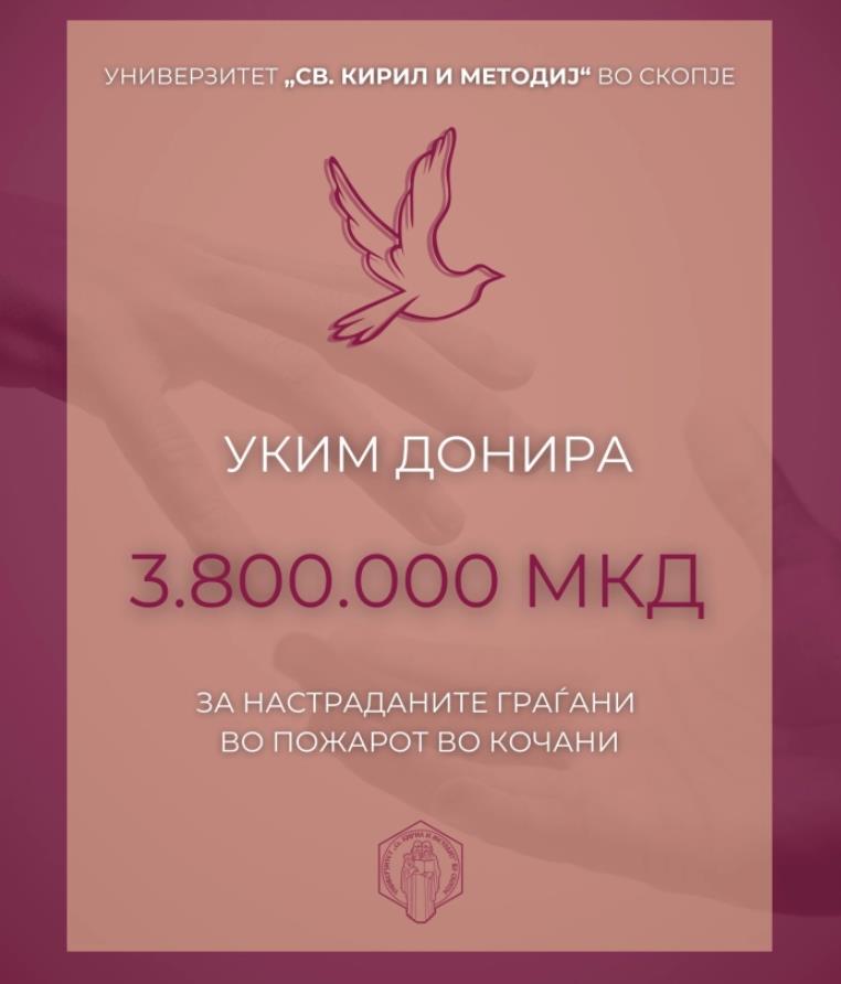 УКИМ и универзитетските единици донираат 3.800.000 денари за настраданите во пожарот во Кочани