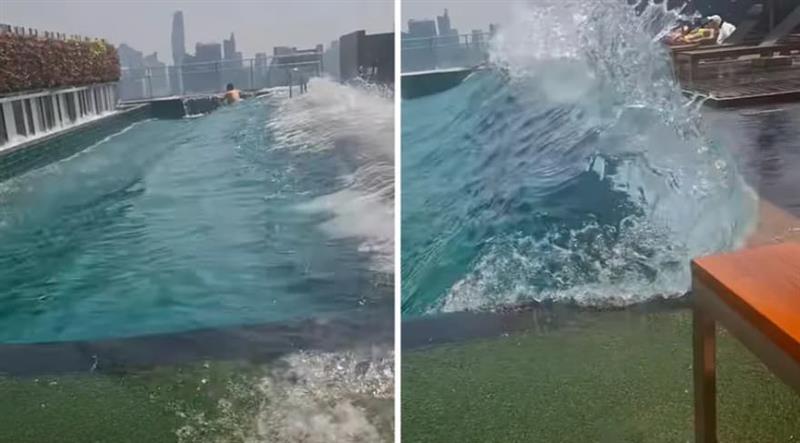 Хорор во базен на врв на зграда во Мијанмар: Човек преживеа и земјотрес и цунами (ВИДЕО)