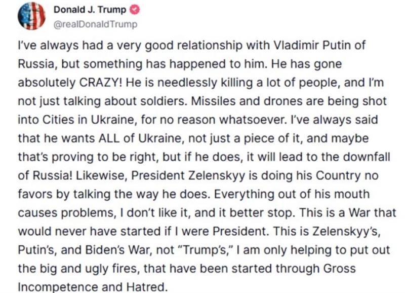 Трамп: Путин целосно полуде, нападите врз Украина ќе ја уништат Русија