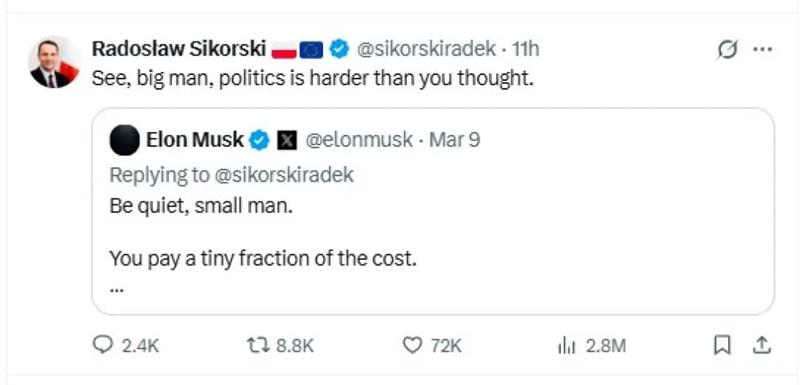 Полскиот министер за надворешни работи се пошегува на сметка на Маск по кавгата со Трамп