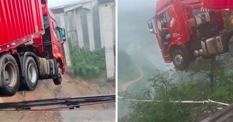 Видео: Поплавите урнаа вијадукт во Кина, камион виси преку работ