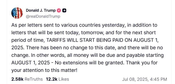 Трамп: Царините стапуваат во сила на 1 август, нема да има продолжување