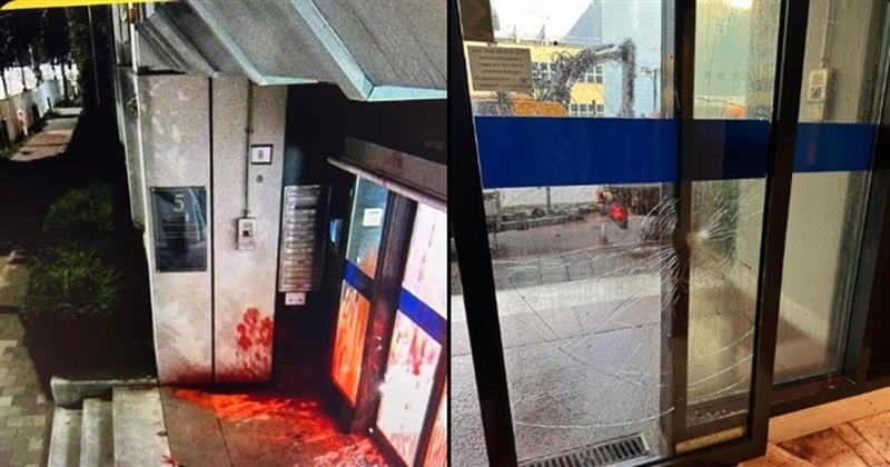 Со црвена боја е испрскана израелската амбасада во Холандија, искршени се и прозорците
