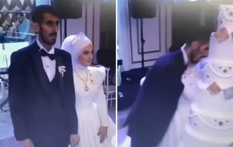 Младоженец, наместо да ја сече огромната торта со невестата- се онесвести (ВИДЕО)