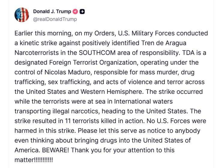 Трамп соопшти дека САД нападнале брод со дрога кој тргнал од Венецуела, загинале 11 припадници на банда