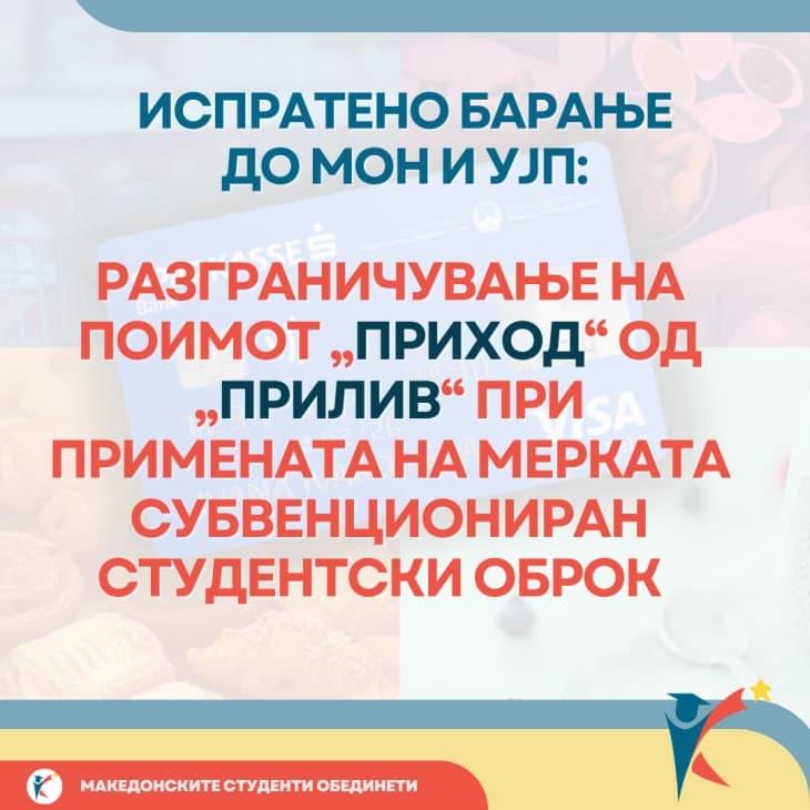 Националното студентско тело испрати барање до МОН и УЈП за разграничување на поимот „приход“ од „прилив“ при примената на мерката субвенциониран студентски оброк