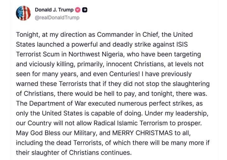 Трамп соопшти дека САД извршиле напади врз цели на Исламска држава во Нигерија